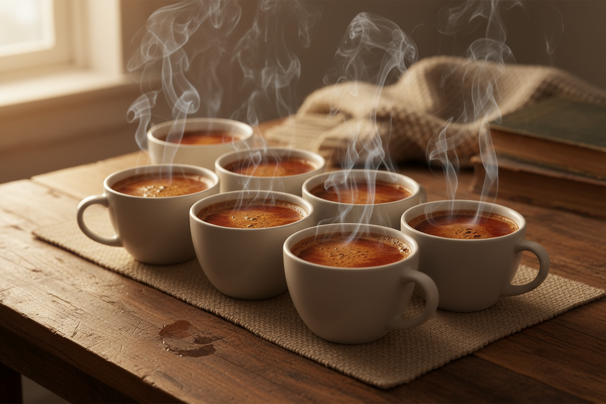 8 cups of americano steaming on table