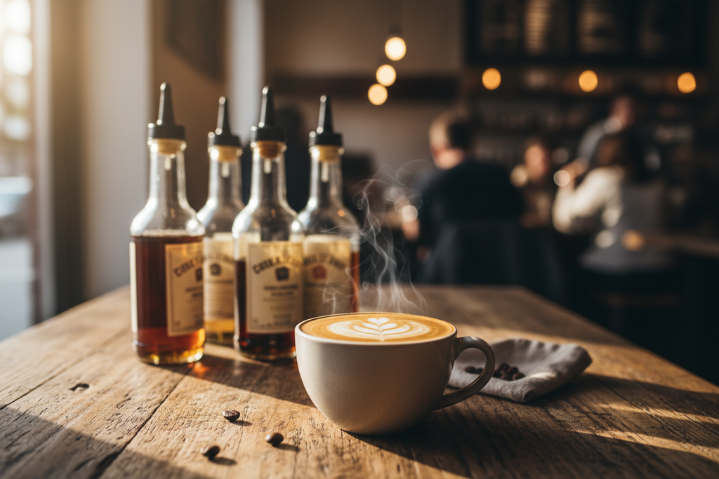 coffee syrups on rustic table, with flat white, coffee syrups slightly blurred