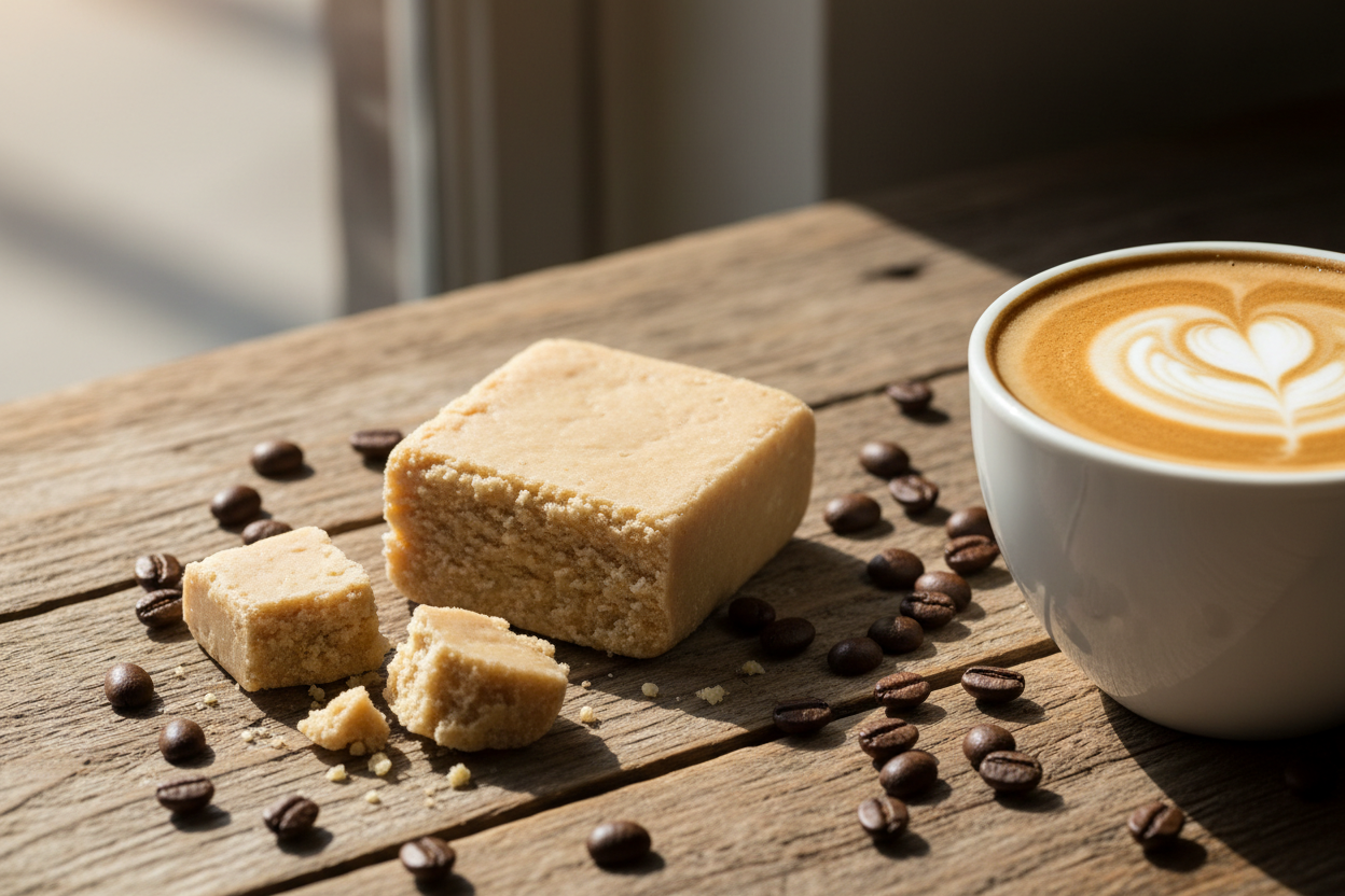 smaller fudge bar, pieces of fudge aswell, and some coffee beans on the table